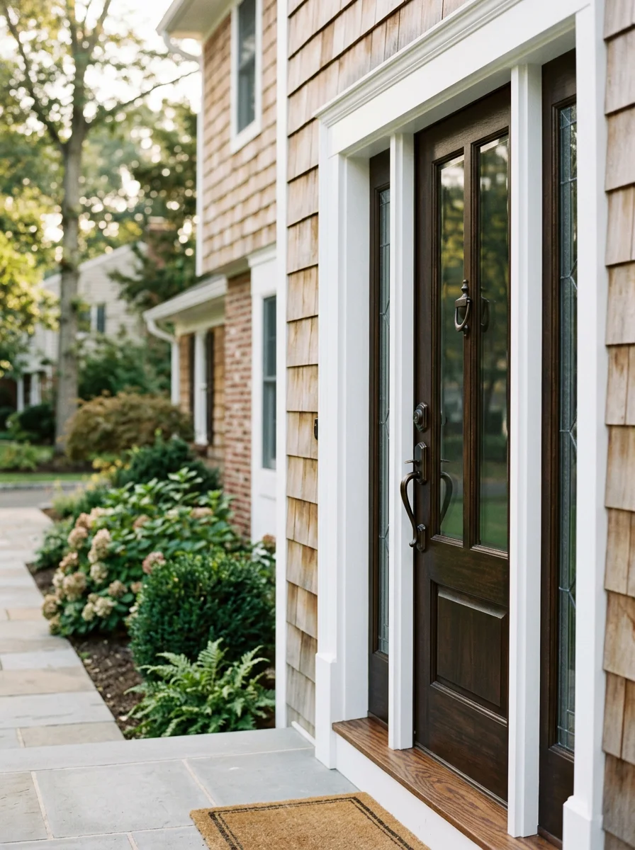 Close-up of a well-maintained Holmdel property entrance with professional finishing details.