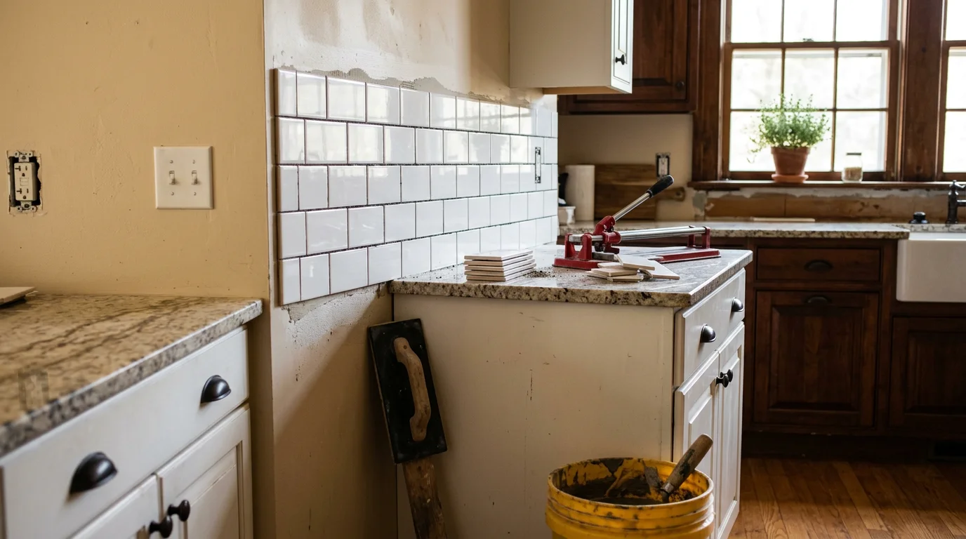 Freshly installed kitchen backsplash tile behind a residential cooktop in a Holmdel, NJ home, showing clean grout lines and a flush fit against existing countertops. The installation is viewed straight-on, with cabinet edges visible on both sides of the tiled wall.