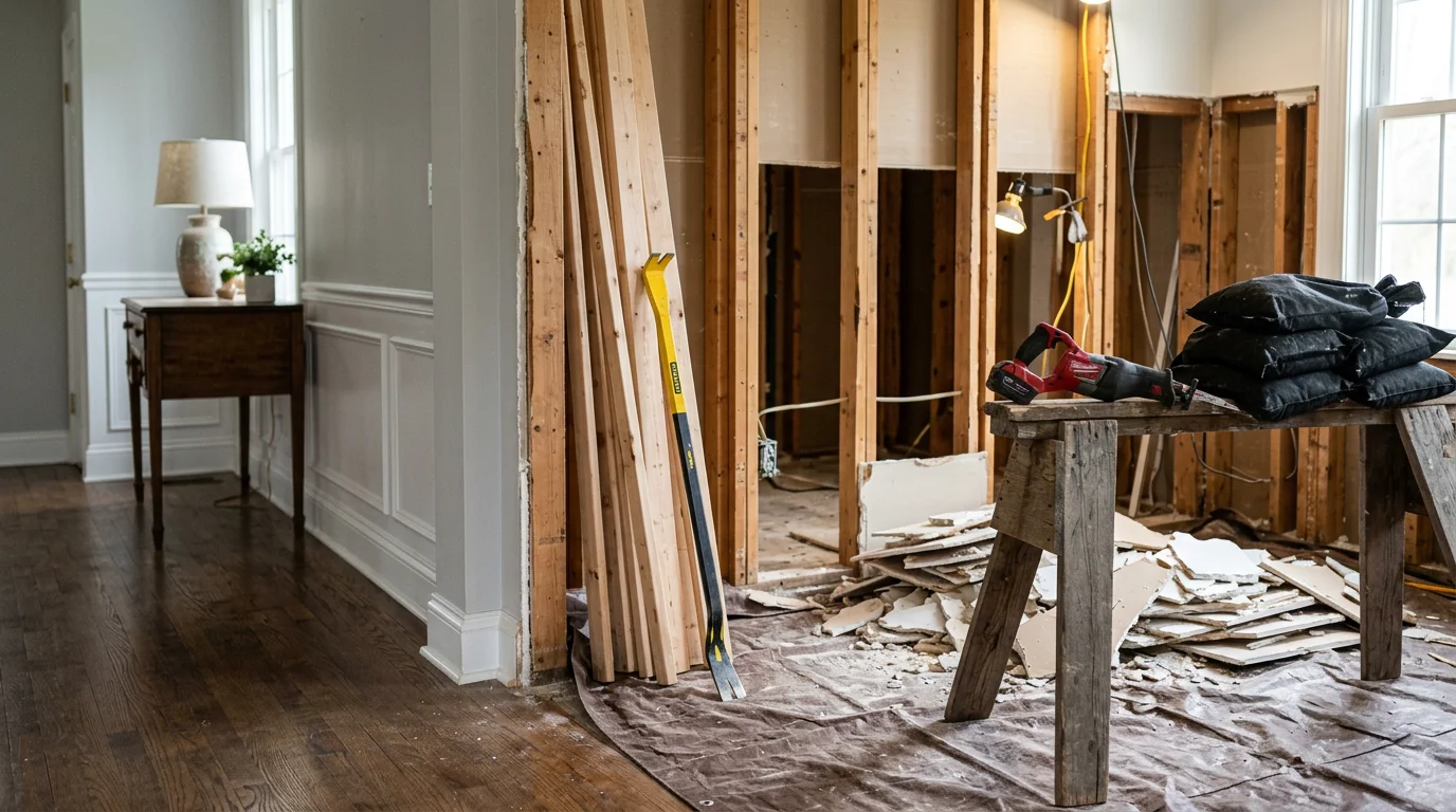Interior of a Holmdel, NJ home mid-demolition with walls stripped to studs and flooring removed in preparation for a full renovation. A cleared kitchen space showing exposed framing and subfloor after a complete gut-out by JSD Custom Home Builders LLC.