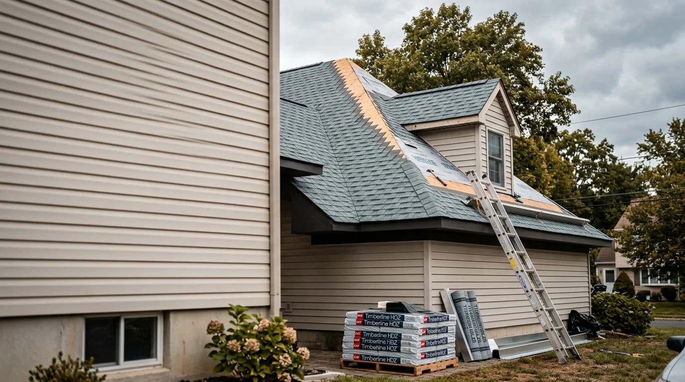 A newly installed residential roof on a large custom home in Holmdel, NJ, showing clean ridge lines, uniform shingles, and properly finished valleys and flashing details. The home sits on a wooded lot typical of Holmdel Township's established residential neighborhoods.